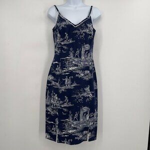 Victoria Pappas Navy Toile Print Cotton Blend Dress Midi Women’s Size 4